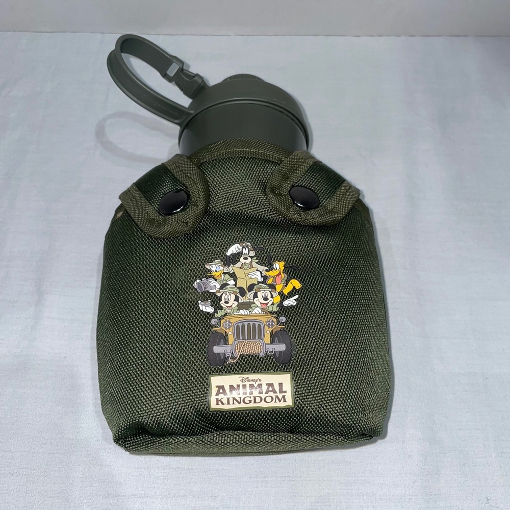 Disney Animal Kingdom Mickey Mouse Safari Canteen Water Bottle Olive Green Cover